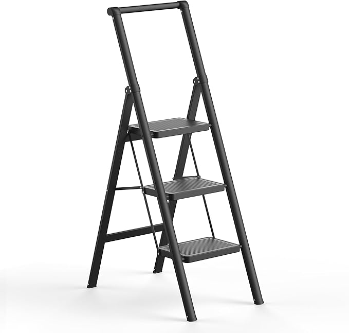 3 Step Ladder, Slim Folding Steps Stool with Handrail, Iron Foldable Black Ladder with Anti-Slip Wide Pedal, for Home, Kitchen, Office, Garage Use (300 lbs Capacity)
