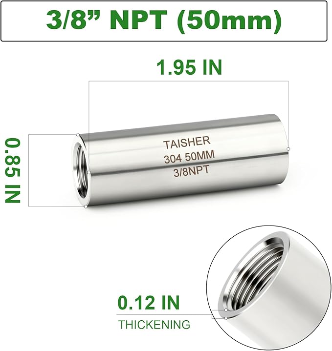 TAISHER 2PCS Stainless Steel Pipe Fittings, 3/8" NPT Female x 3/8" NPT Female Threaded, 2" Length Thickened Nipple Cast Pipe