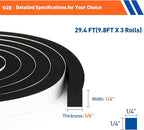 MAGZO Weather Stripping Door Seal, 1/4 Inch Wide X 1/4 Inch Thick Adhesive Foam Tape Soundproof Weatherstripping for Windows, 3 Rolls Total 29.4FT Black