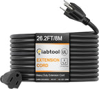 Black Outdoor Extension Cord, 26.2FT 1250W 10A, 18/3 SVT, 3-Prong Grounded Plugs, Waterproof Heavy-Duty Cable, Weather-Resistant Power Cable for Home, Garden, Workshop