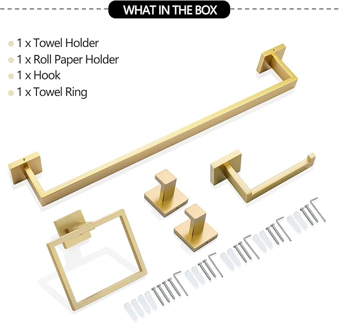 TNOMS Brushed Gold Towel Bar Set Bathroom Hardware Set, 5 Pieces Gold Bathroom Accessories Set Stainless Steel Wall Mounted Towel Holder for Bathroom 23.6in