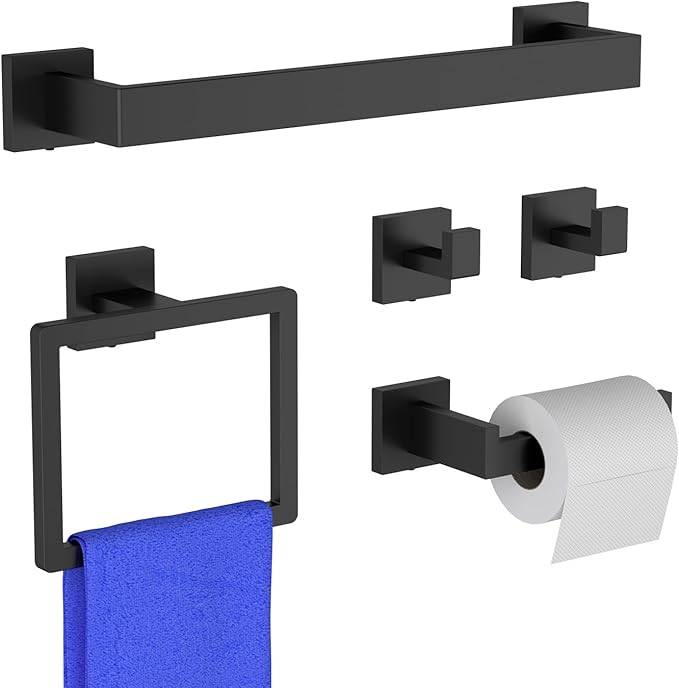 Matte Black 5-Pieces Bathroom Hardware Set, SUS304 Rustproof Steel 16" Rectangle Bathroom Towel Racks Accessories Set, Luxury Hotel Grade Organization Hardware Kit