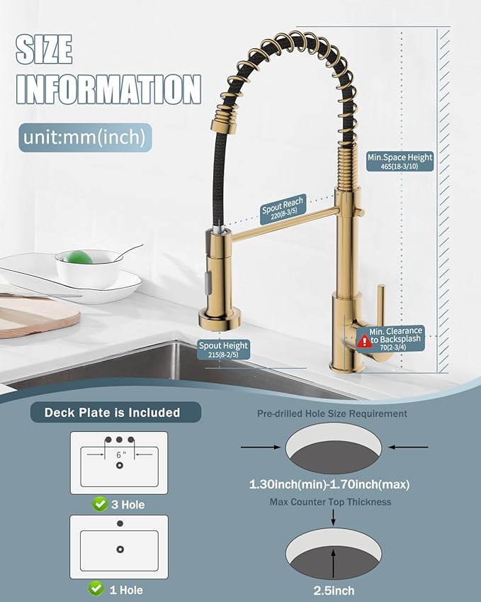 Kitchen Faucet, Brushed Gold Faucet for Kitchen Sink, Kitchen Sink Faucet with Pull Down Sprayer, Single Handle Stainless Steel Kitchen Faucets with Dual Function Spray Head