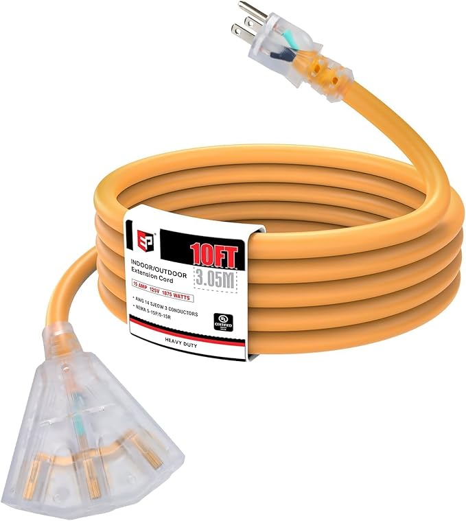 EP 10 Ft 14/3 SJEOW Heavy Duty Outdoor Extension Cord, Yellow 3-Outlet Power Cable with LED Lighted Plug, Water-Resistant for Indoor/Outdoor Use, Lawn, Garden, Appliances & Tools