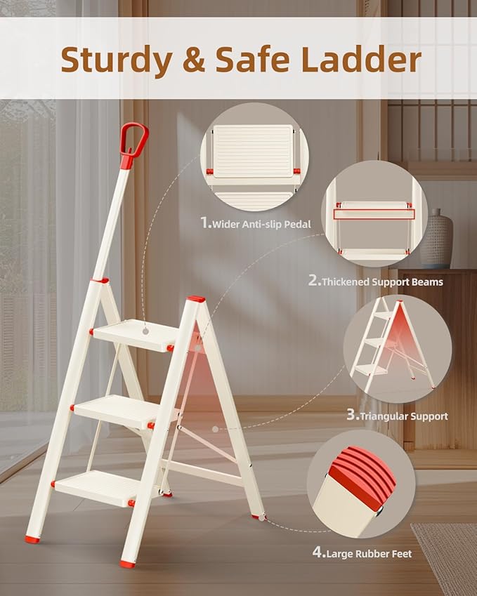 ASPERALD 3 Step Ladder with handrails,Foldable Step Stool with Anti-Slip Wide Pedals for Home Kitchen Closet,3 Step Ladder Folding Step Stool Long Handle White