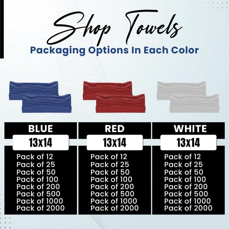 Shop Towels (White, 50-Pack) - Bulk Cleaning Towel in a Bag, Mechanic Cotton Wipes for Car Maintenance, Auto Mechanics & Garage, Wipe Grease & Oil, Machine Wash & Reusable