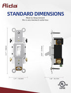AIDA 3 Way 15 Amp Quiet Indoor Toggle Switch Self-Grounding ON Off Toggle, Residential Grade, UL Listed, Quickwire Push-in & Side Wired (White, 20 Pack)