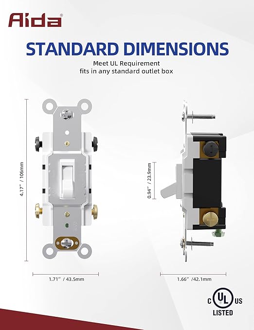 AIDA 4 Way, 15 Amp Toggle Light Switch, Grounding Screw, Residential Grade Electrical Wall Switch, UL Listed (White, 20 Pack)