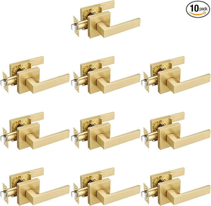 EHOMEWARE 10 Pack Passage Lever Door Handle Gold Door Levers, Sleek Square Non-Locking Lever Set [for Hallway or Closet Doors] Reversible for Right & Left Sided Doors Heavy Duty