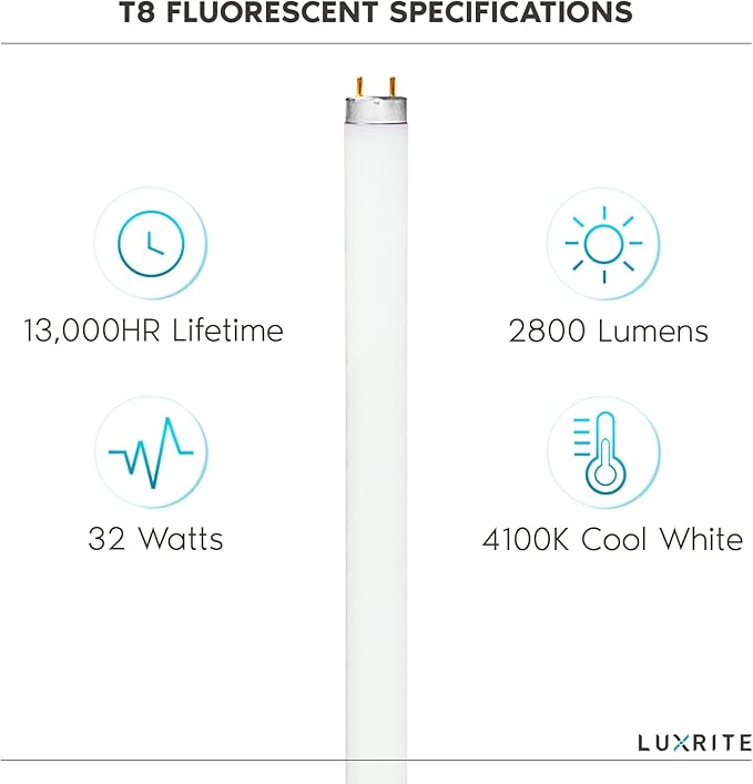 LUXRITE F32T8/841 T8 Fluorescent Tube Light Bulb (1" Diameter), 32W, 48 Inch, 4100K Cool White, 2800 Lumens, G13 Bi-Pin Base, (T8 Only, Not Compatible with T12 or LED Fixtures) - LR20732, 4-Pack