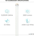 LUXRITE LR20730 (10-Pack) F32T8/841 32-Watt 4 FT T8 Fluorescent Tube Light Bulb, Cool White 4100K, 2800 Lumens, G13 Medium Bi-Pin Base