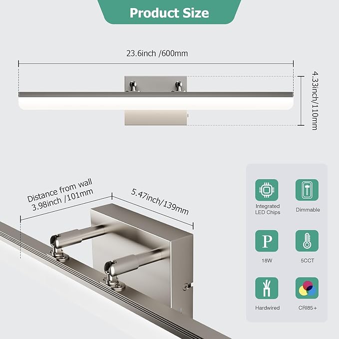 Brushed Nickel Vanity Light 24", 5CCT Dimmable LED Bathroom Light Bar, 18W Wall Mount Fixture with Adjustable Angle & ETL Driver – Modern Lighting for Bathroom, Powder Room, Bedroom