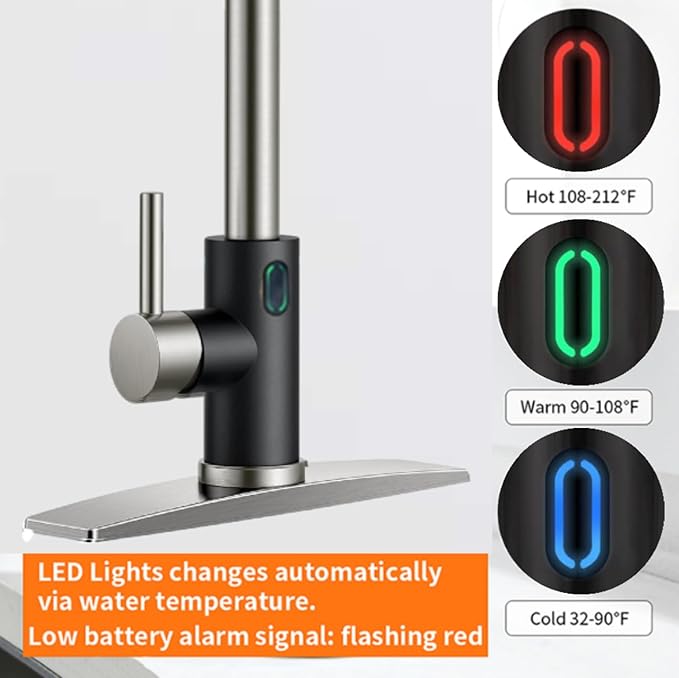 Touch-Less Kitchen Faucet, 3 Modes Pull Down Sprayer, LED Temperature Control,Ceramic Valve, 360-Degree Rotation, 1 or 3 Hole Deck Plate. 10-Year Warranty.(KW-79NR, Brushed Nickel/Black)