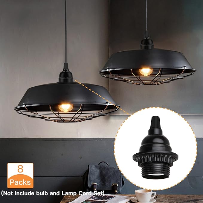 8 Pack E26 E27 Light Sockets, Black Medium Screw Base with Shade Ring, Retro Period Style Edison Lamp Holder, Replacement DIY Making Light Bulb Socket Cover Pendant Lamp Holder Keyless Lamp