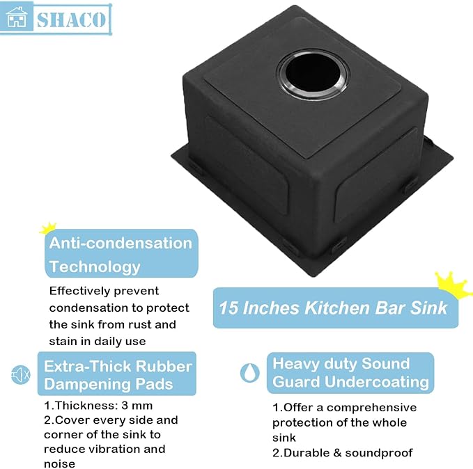SHACO 13x15 Inch Drop In Black RV Bar Sink, Stainless Steel Top Mount Gunmetal Black 16 Gauge Single Bowl Small Kitchen Outdoor Sink with Strainer Drain