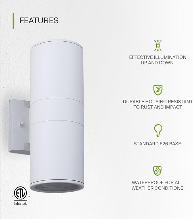 ASD 2 Light Outdoor Wall Light Fixture | 120W E26 Bulb Socket 120V ETL Cylinder Up Down Lights | LED/CFL/Incandescent Bulb Exterior Wall Sconce | Front Door, Porch, Patio Lighting | White, 2 Pack