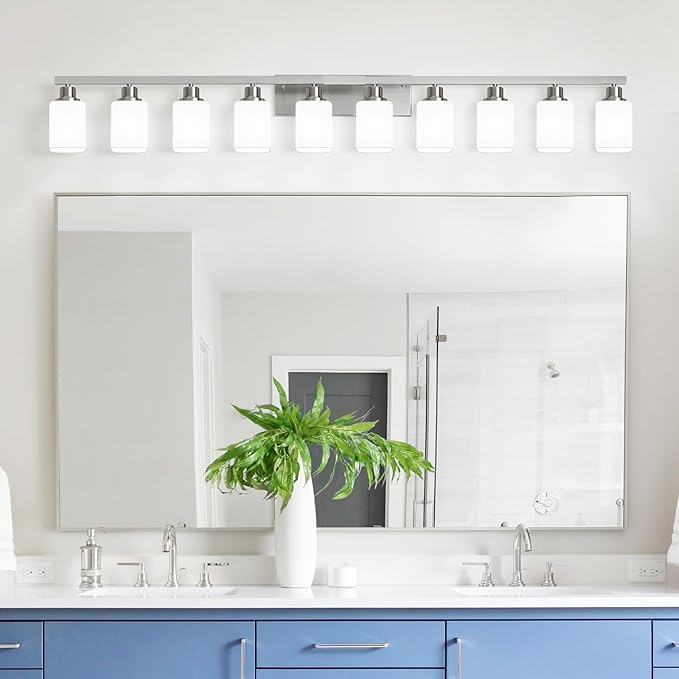 10-Light Bathroom Vanity Light Brushed Nickel,64.5in Vanity Lights with Square Frosted Glass,Modern Bathroom Wall Lights Fixtures Over Mirror,Wall Sconces Lighting for Bedroom Living Room,E26