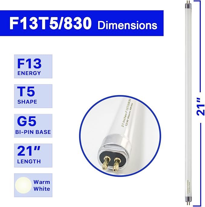 8 Pack 21 Inch T5 Fluorescent Light Bulb 13 Watt F13T5/WW Compatible with Sylvania Satco Philips GE Under Cabinet Tube Light Warm White 800 Lumen G5 Base 8 Count