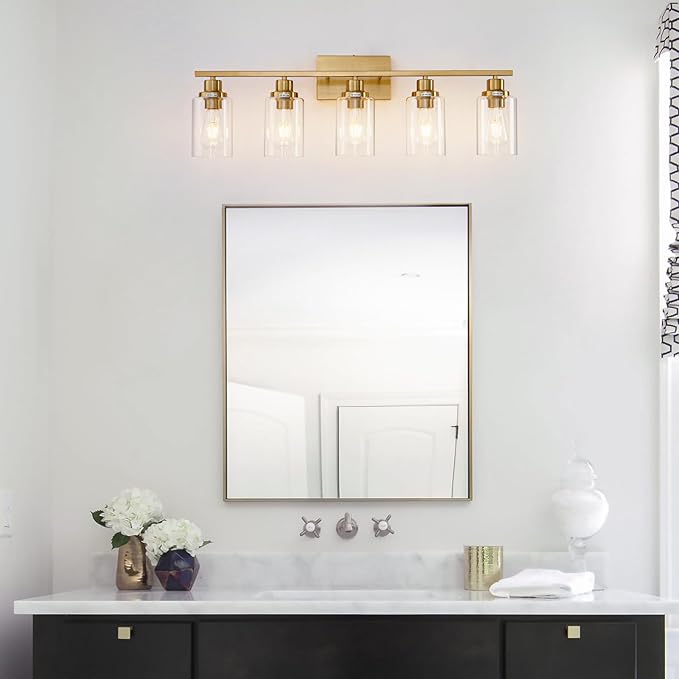 5 Light Gold Bathroom Light Fixtures Brushed Brass Vanity Light Over Mirror Modern Wall Lighting Sconces Wall Lamp for Bathroom, Bedroom, Living Room E26 Socket with Glass Shade