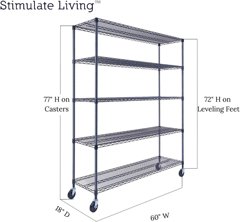 60"x18"x72" Prime Heavy Duty Black 5-Tier Wire Shelving NSF 4000 LBS MAX Capacity Storage Rack for Commercial, Hospital, School, Garage, and Kitchen Uses (with Wheels)