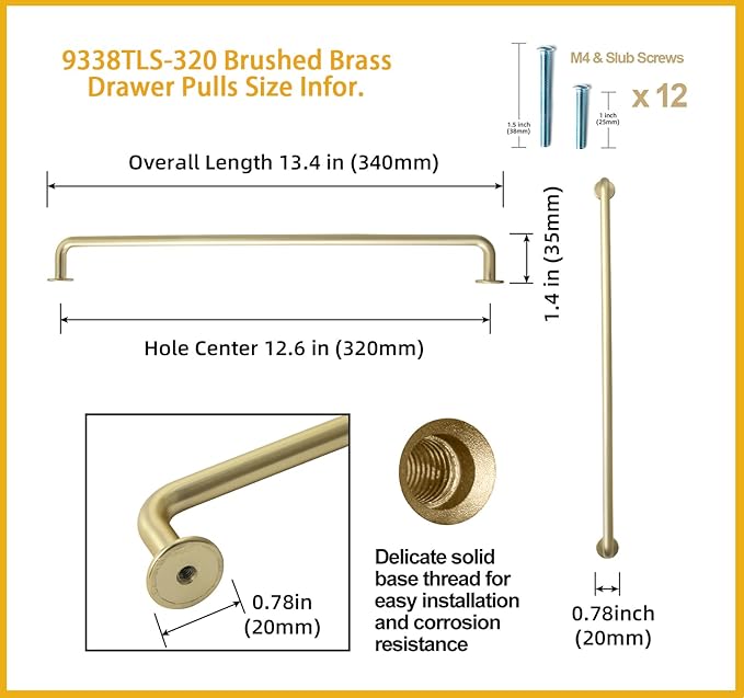 Goo-Ki 6 Pack Brushed Brass Cabinet Handle Drawer Pulls, 12.6 Inch(320mm) c-c Solid Zinc Alloy Modern Bar Pull Kitchen Hardware for Closet Dresser Wardrobe Cupboard Furniture