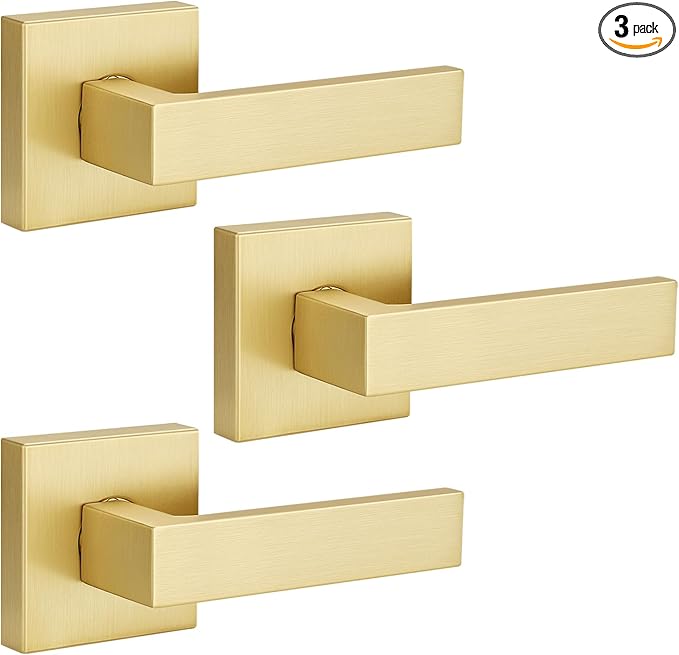 EHOMEWARE 3 Pack Dummy Door Levers in Satin Brass Finish, Heavy Duty Non-Turning Interior Door Handles, Reversible Half Dummy Levers for Closet Pantry