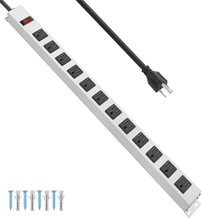 JUNNUJ Metal 12 Outlet Power Strip, Mountable Heavy Duty Power Strip, 1200J Surge Protector Wall Mount Screws Outlet with Switch, Gaming Desk Strips Wide Spaced 15A 125V 1875W, 10 FT 14AWG Power Cord
