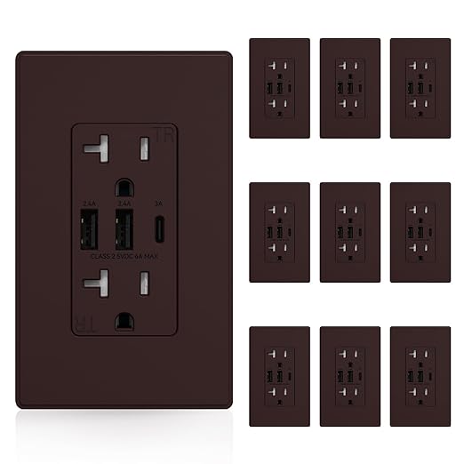 ELEGRP USB Outlets Receptacles, 3-Port Wall Outlet, 30W 6.0A Electrical Outlet, 15 Amp Tamper-Resistant Outlet with Type C Ports, UL Listed, Wall Plate Included, 10 Pack, Matte Brown