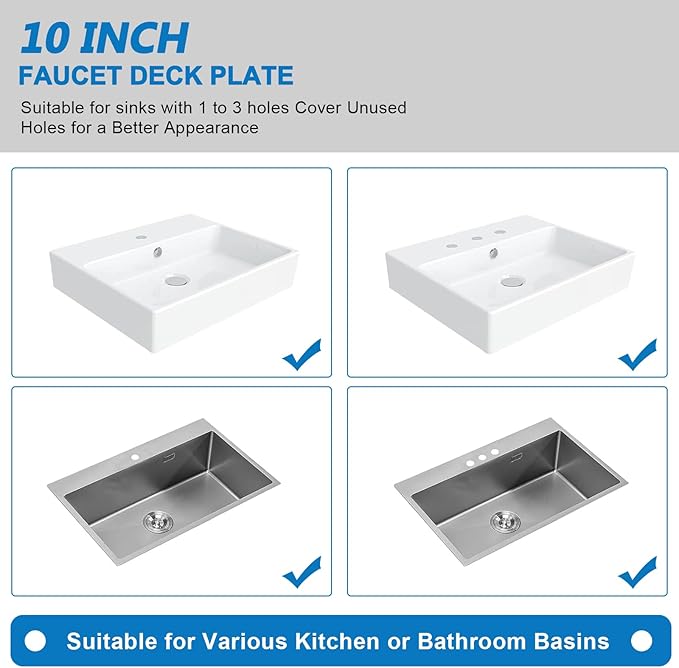 10 Inch Faucet Deck Plate, Faucets Sink Hole Cover Stainless Steel Plate Escutcheon for 1 or 3 Hole Kitchen or Bathroom Sink Faucet, Round, Chrome