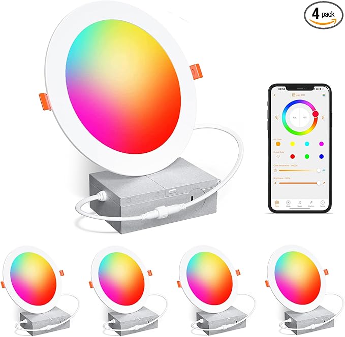 Smart Recessed Lighting 6 Inch RGBCW Color Changing 16W LED Downlights with Junction Box,1350 Lumen Canless Wafer Recessed Ceiling Lights Work with Alexa,Music Sync,DIY Scenes,Timer,23 Modes,4 Pack