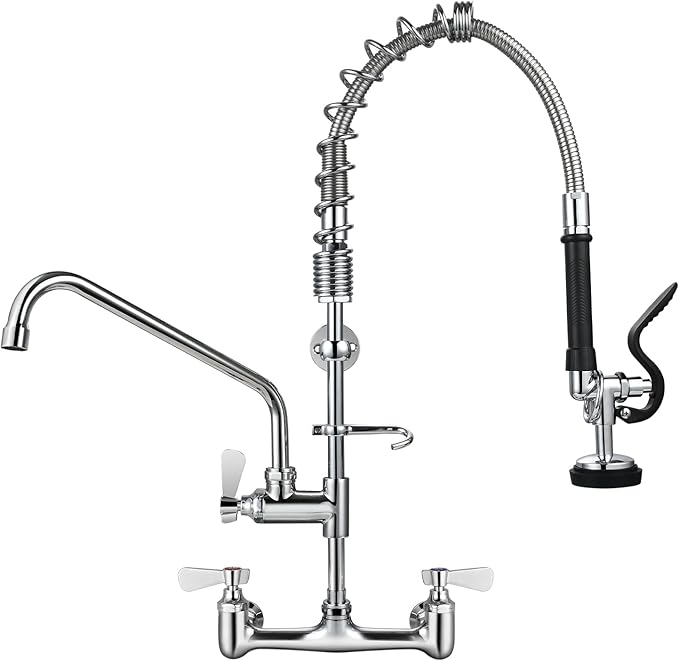 25" Height Commercial Faucet with Sprayer, Commercial Sink Faucet 8" Adjustable Center 12" Swing Spout, Commercial Wall Mount Faucet with Pre-Rinse Sprayer for Restaurant Industrial (25In)