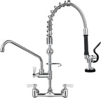 25" Height Commercial Faucet with Sprayer, Commercial Sink Faucet 8" Adjustable Center 12" Swing Spout, Commercial Wall Mount Faucet with Pre-Rinse Sprayer for Restaurant Industrial (25In)