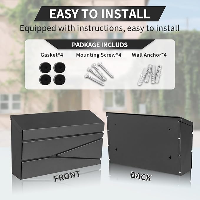 Wall Mount Mailbox, Large Capacity Mailbox for House, Galvanized Steel Rust-Proof Metal Post Box Drop， Mailboxes for Outside, 15.74"×9.84"×4.33", Black Modern Sleek Style