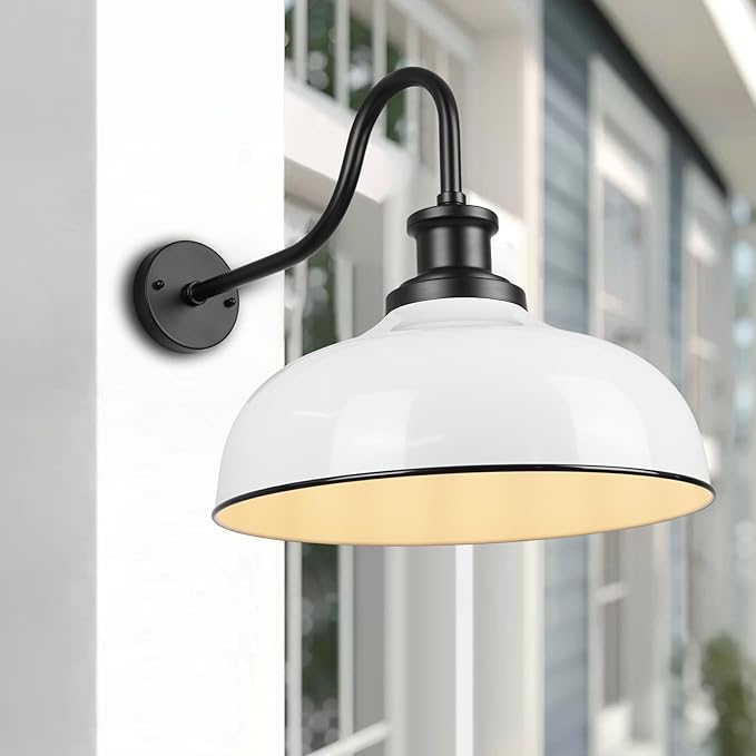 Outdoor Gooseneck Barn Light,16 Inch Dome Outdoor Wall Sconce Farmhouse Exterior Wall Mount Light Vintage Wall Lighting Fixture Industrial Wall Lantern for Porch, Entryway, Garage, RZ007L WH