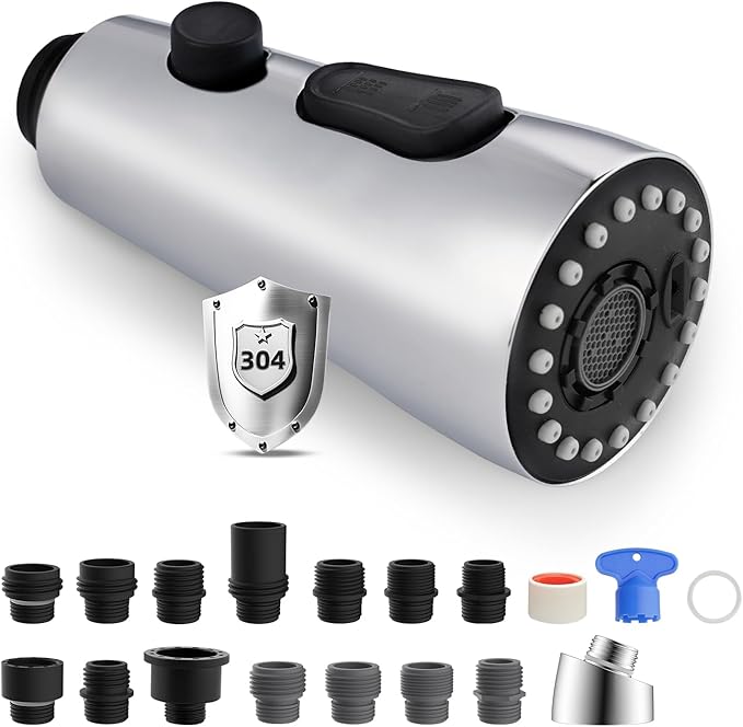 iFealClear Universal Metal Kitchen Faucet Head Replacement with 15 Adapters, 3-Mode Stainless Steel Pull Down Sink Faucet Sprayer Head Nozzle, Compatible with Moen, Delta, Pfister Faucets, Chrome