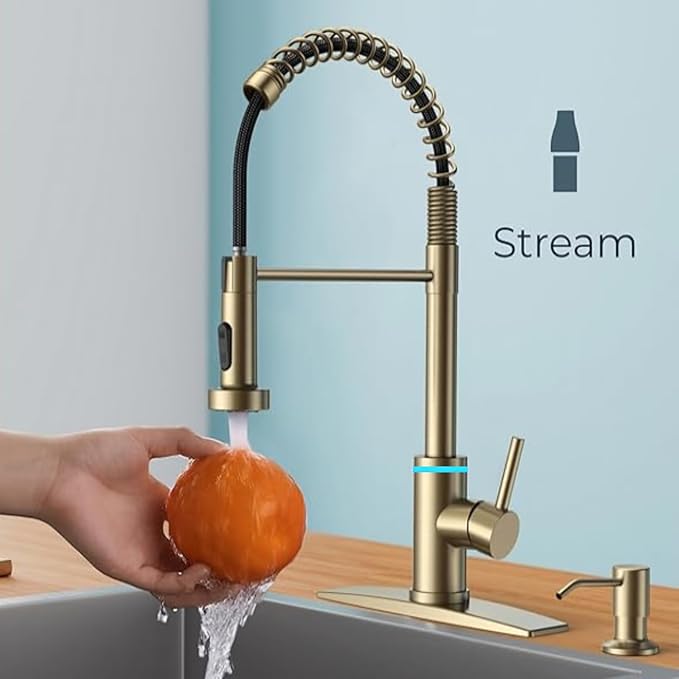 Smart Kitchen Faucet, 3 Modes Pull Down Sprayer, Touch On Sensor Activated, LED Temperature Control, 360-Degree Rotation, 1 or 3 Hole Deck Plate. 10-Year Warranty. (KW-66J, Brushed Gold)