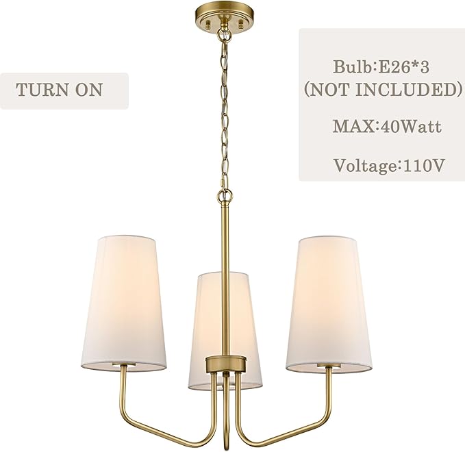 Modern Gold 3-Light Chandelier with Fabric Shade Chandelier E26 Pendant Light for Living Room, Entryway, Living Room,Bedroom Adjustable