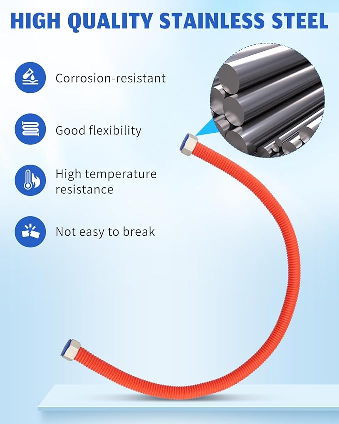 Flexible Stainless Steel Corrugated Water Heater Connector, Hot and Cold Color Water Heater Hose, 1/2" FIP x 1/2" FIP 24" Length