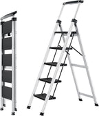 XinSunho 5 Step Ladder, Aluminum Folding Stool with Retractable Handrails & Tool Tray, Anti-Slip, Sturdy Lightweight, 330lbs Safety for Kitchen Indoor Outdoor