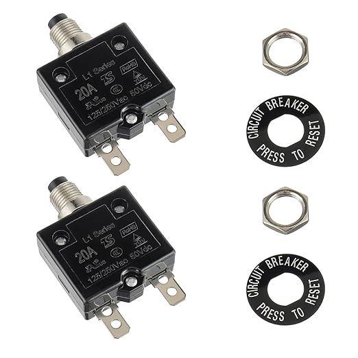HUWREW 20 Amp Push Button Circuit Breaker 125-250V AC 50V DC L1 Series Manual Reset Thermal Circuit Breaker 20A Thermal Overload Protector (Pack of 2)