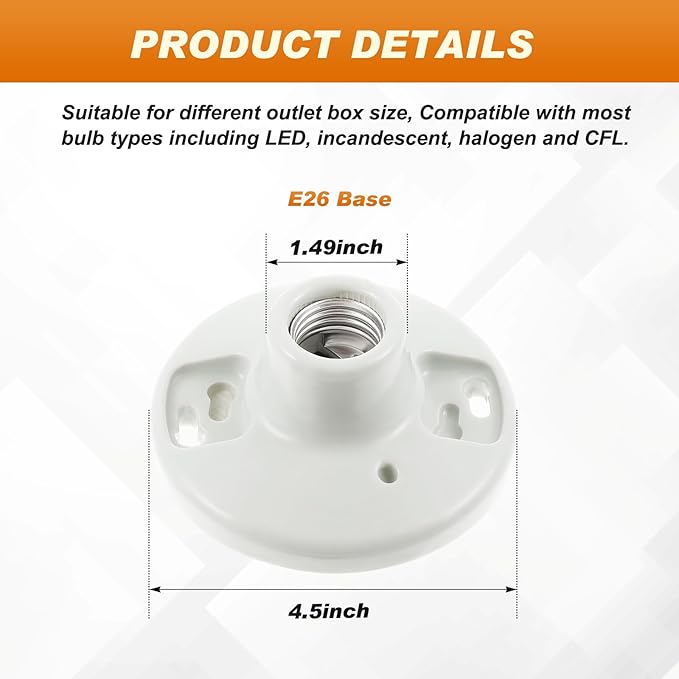 2 Pcs Porcelain Light Socket with Pull Chain White Bulb E27/E26 Socket Porcelain Outlet Box Mount Ceiling Light Fixture for Indoor Garage Closet Lighting