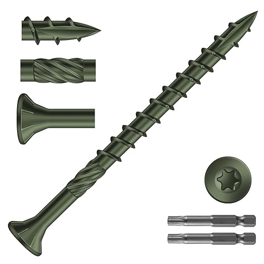 #9 x 2-1/2" Deck Screws (935Pcs) 10lb. Carbon Steel, Green, Flat Head, Rust Resistant epoxy Coated, with T25 Star Bit