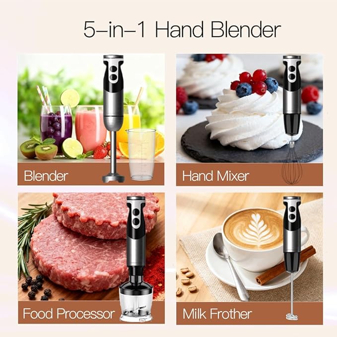 MegaWise Blender Handheld 12-Speed Stainless Steel Electric Hand Blender, 5 in 1 Immersion Handheld Blender，Titanium Blades Hand Blender, Milk Frother Wand,with 600ml Whisk Beaker and Chopper (black)
