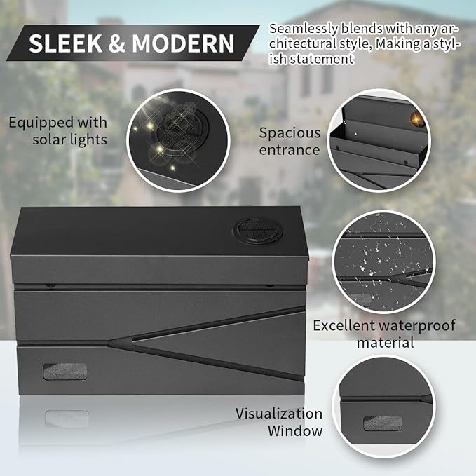 Wall Mount Mailbox, Large Capacity Mailbox for House, Visibility Galvanized Steel Rust-Proof Metal Post Box Drop, Mailboxes for Outside, 15.74"×9.84"×4.33" Solar Lanterns Black