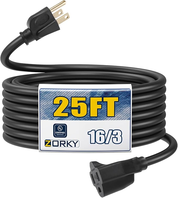 25ft Outdoor Extension Cord for Christmas Decorations - 16/3 Heavy Duty SJTW Waterproof Black Electrical Cable with 3 Prong Grounded Plug for Safety, Great for Lawn and Major Appliances