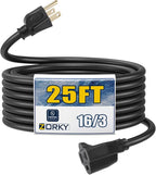 25ft Outdoor Extension Cord for Christmas Decorations - 16/3 Heavy Duty SJTW Waterproof Black Electrical Cable with 3 Prong Grounded Plug for Safety, Great for Lawn and Major Appliances