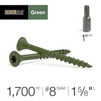 Deck Plus 1-5/8 Inch Epoxy Coated Exterior Wood and Fence Screws #8 x 1-5/8" Torx/Star Drive Included Coarse Thread, Outdoor Rust Resistant Decking Screw, Green, Keg, 1700 Pieces | 49318