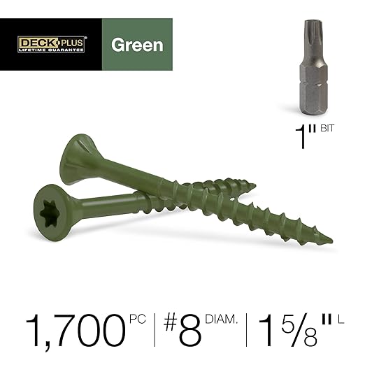 Deck Plus 1-5/8 Inch Epoxy Coated Exterior Wood and Fence Screws #8 x 1-5/8" Torx/Star Drive Included Coarse Thread, Outdoor Rust Resistant Decking Screw, Green, Keg, 1700 Pieces | 49318