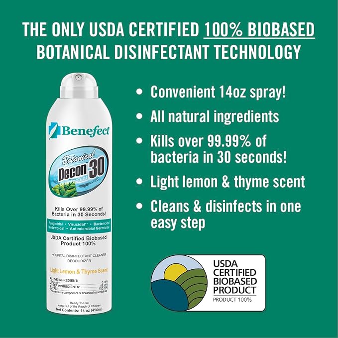 Benefect Botanical Decon 30 Disinfectant Cleaner, 14 oz. Ready-To-Use Spray, Hospital Grade Disinfectant, Kills Over 99.99% of Germs, Safe for Food-Contact Surfaces (Light Lemon & Thyme Scent)