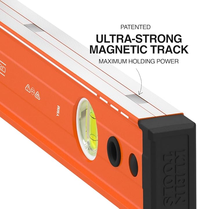 Klein Tools 93548MAG 48-Inch Box Level, Magnetic Box Beam Bubble Level, 3 Vials, High Visibility Orange, Aluminum Body, V-Groove and Magnet Track